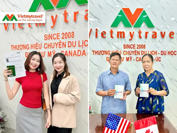 Khách hàng cầm tờ khai, hộ chiếu và visa Mỹ tại văn phòng Vietmytravel