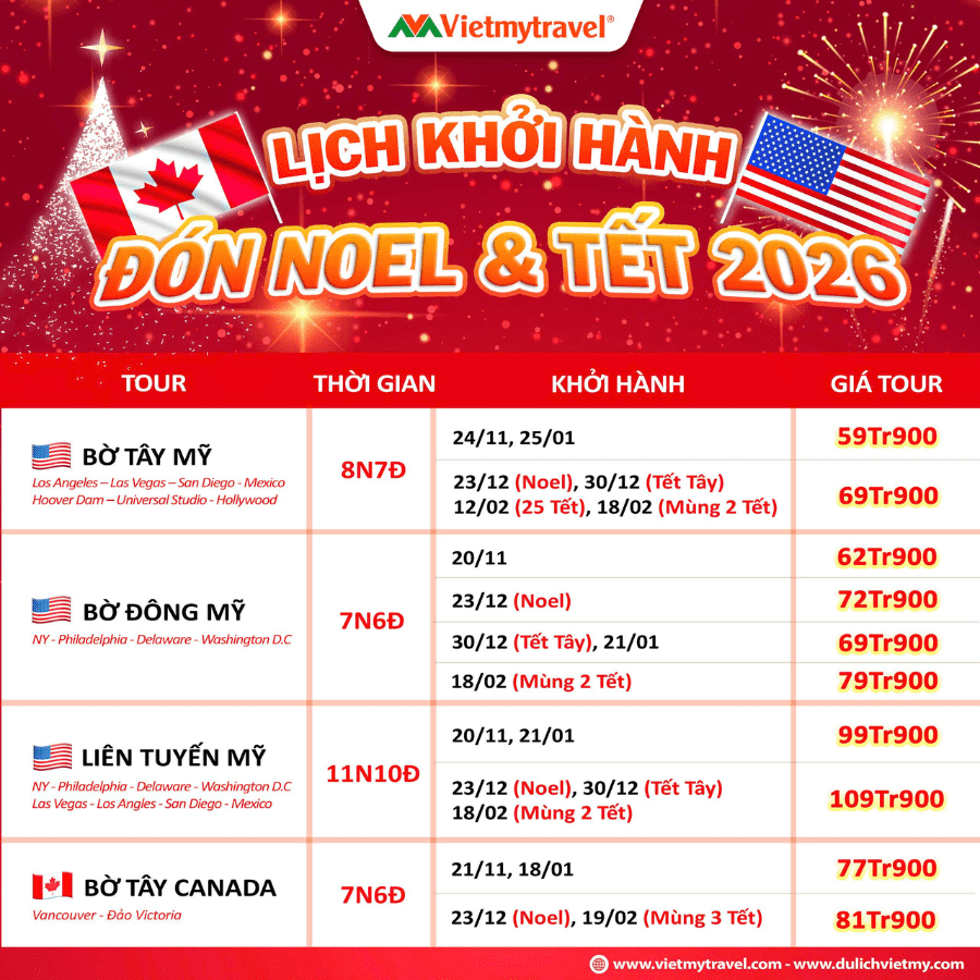 Lịch khởi hành Du lịch Mỹ tết 2026